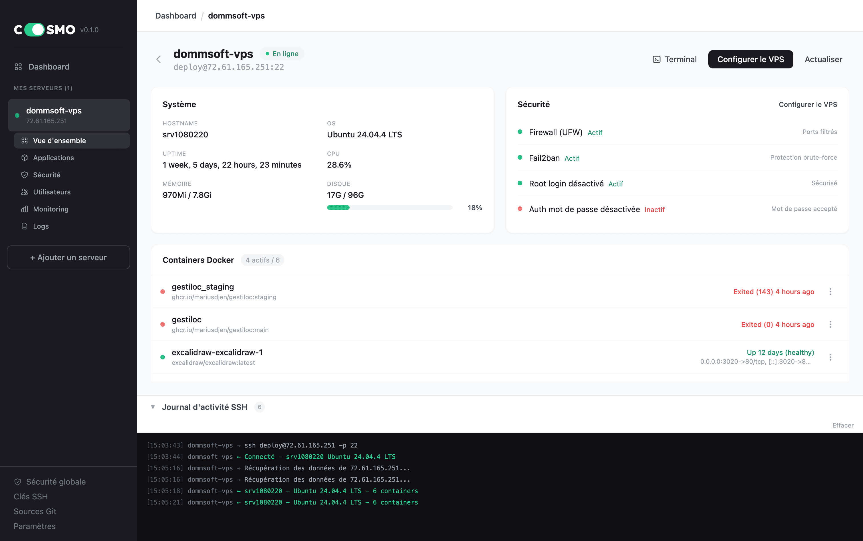 Cosmo desktop app - server detail view with system metrics, security status, Docker containers and live SSH log